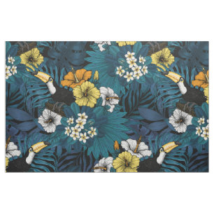 Tissu Toucans et flore tropicale, bleu, jaune, orange