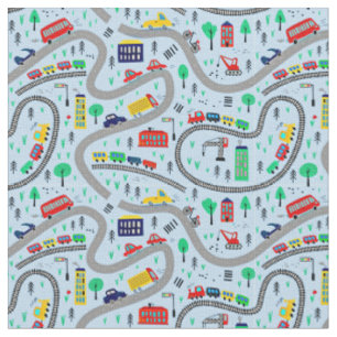 Tissu Trains Voitures Bus Road Chemin de fer Piste bleu