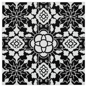 Tissu Tuile marocaine florale, noire et blanche