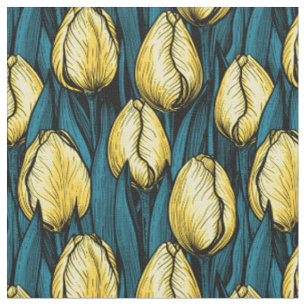 Tissu Tulières jaunes avec feuilles bleus