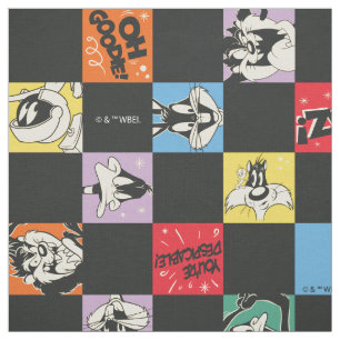 Tissu TUNES LOONEY™ en noir et blanc en Checker coloré