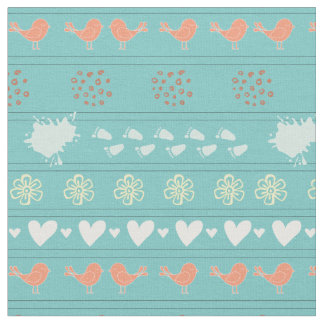 Tissu Turquoise rétro et motif coloré d'oiseaux,