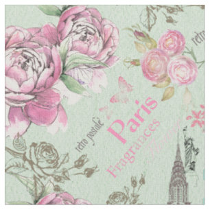 Tissu Typographie florale rose verte vintage de collage