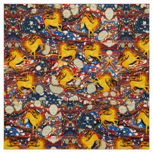 TISSU UNICORNES D'OR, EFFETS MARBÉS BLEU ROUGE, CERCLES