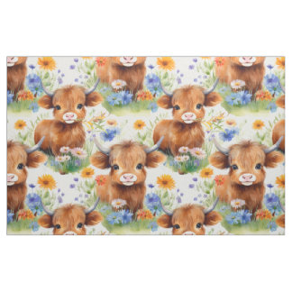 Tissu Vache des Highlands en fleurs sauvages