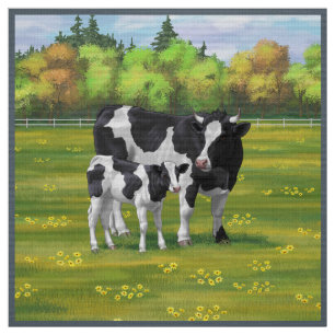 Tissu Vache Holstein et veau mignon en pâturage d'été