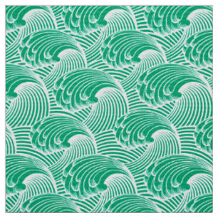 Tissu Vagues japonaises vintages, vert de jade et blanc
