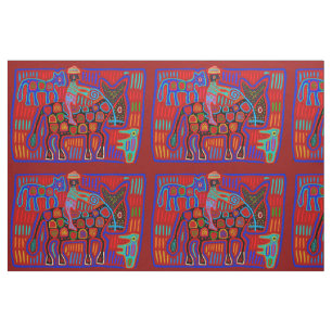 Tissu Vaquero y Caballos - Scarlet Red Blue Kuna Indian