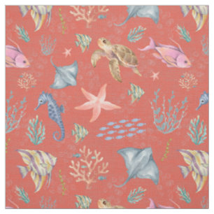 Tissu Vie océanique à l'aquarelle Corail foncé texturé