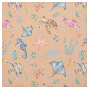 Tissu Vie océanique à l'aquarelle Orange clair texturé