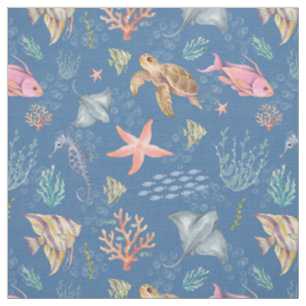 Tissu Vie océanique à l'aquarelle Texturé Bleu