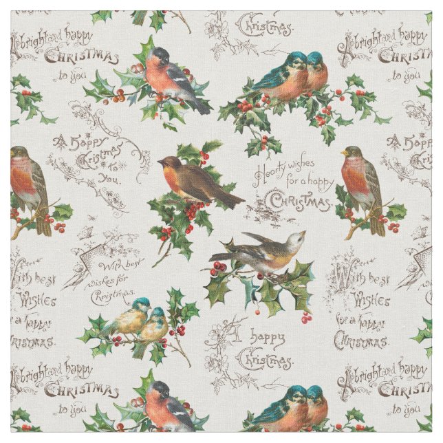 Tissu Vintage Birds, Holly & Christmas Greetings (Fermer)