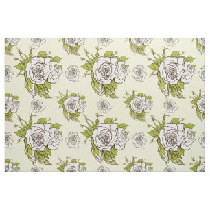 Tissu Vintage blanc Roses Motif Vert Accents
