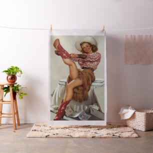 Tissu Vintage Cowgirl De L'Ouest Putting On Boot -Lg. Im