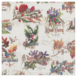Tissu Vintage Noël Floral avec musique et texte orné