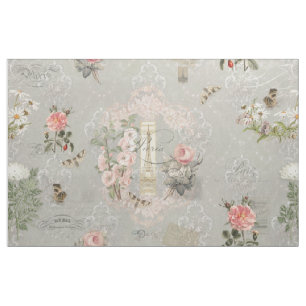 Tissu Vintage Paris Botanique Floral Script Gris