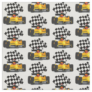 Tissu Voiture de course jaune avec drapeau À damiers