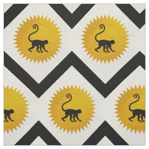 Tissu Zodiaque chinois singe Blanc, Or et Noir