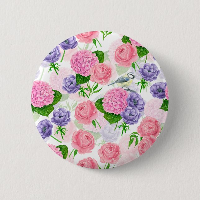 Tit bird and flowers 2 inch round button (Front)