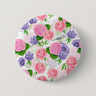 Tit bird and flowers 2 inch round button