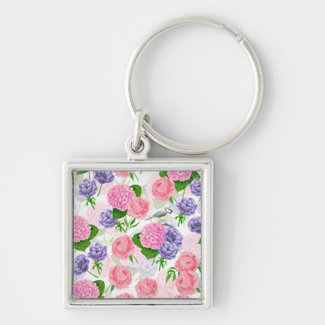 Tit bird and flowers keychain (Front)
