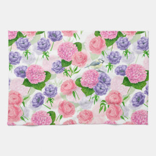 Tit bird and flowers kitchen towel