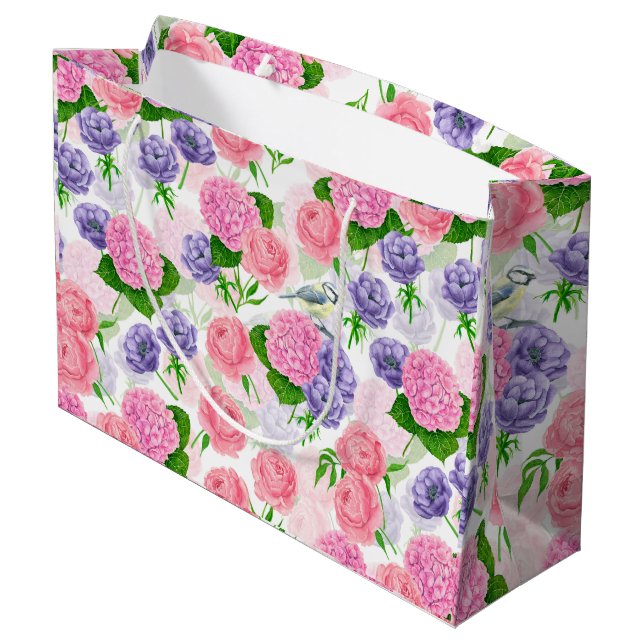 Tit bird and flowers large gift bag (Back Angled)