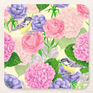 Tit bird and flowers square paper coaster