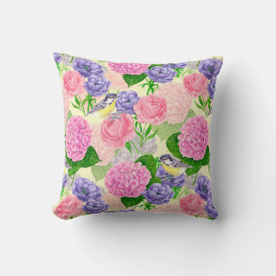 Tit bird and flowers throw pillow