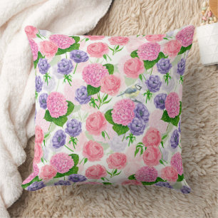Tit bird and flowers throw pillow