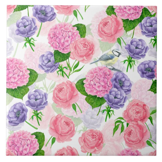 Tit bird and flowers tile (Front)