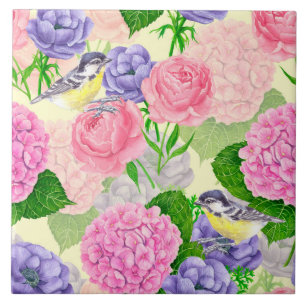 Tit bird and flowers tile