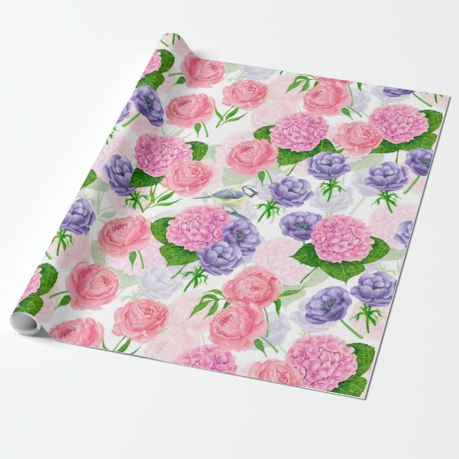 Tit bird and flowers wrapping paper (Unrolled)