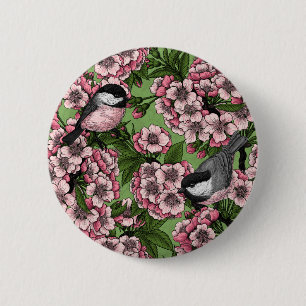 Tit birds in the lilac garden 2 inch round button