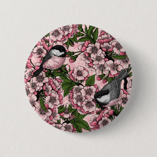 Tit birds in the lilac garden 2 inch round button