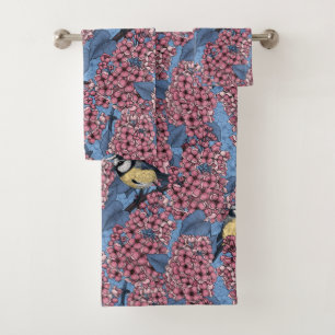 Tit birds in the lilac garden bath towel set