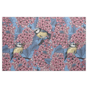 Tit birds in the lilac garden fabric