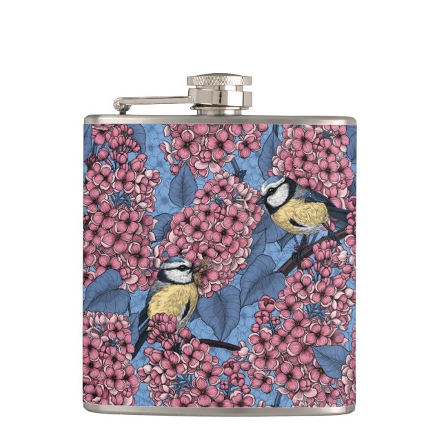 Tit birds in the lilac garden hip flask (Front)