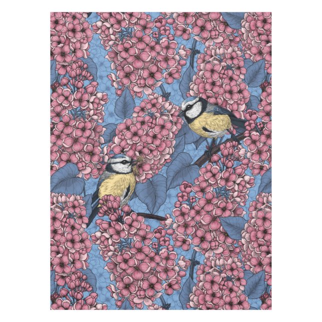 Tit birds in the lilac garden tablecloth (Front)