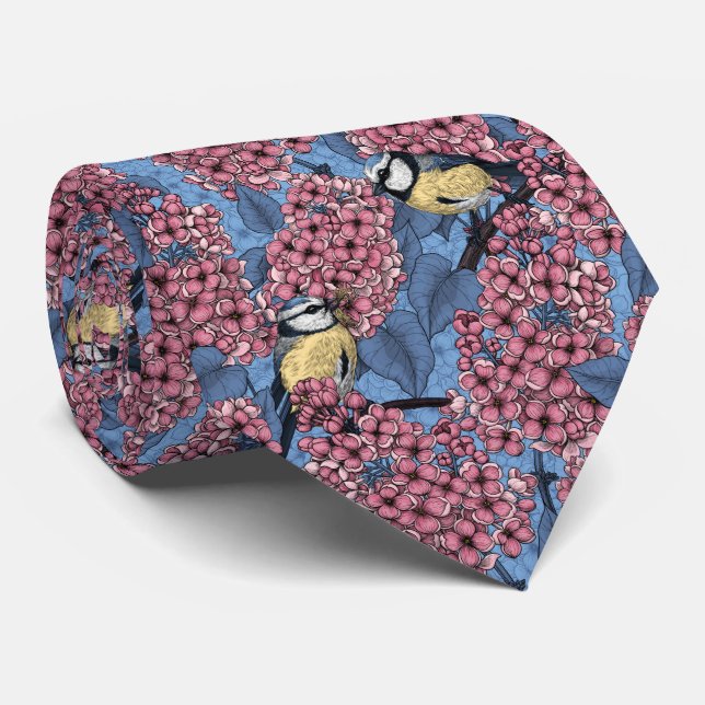 Tit birds in the lilac garden tie (Rolled)