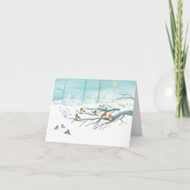 Tit Birds, Red Robins & Winter Landscape    Holiday Card (Front)