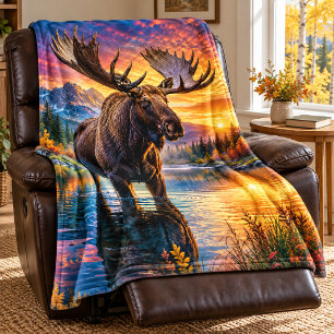 Titan of the North Moose Sunset  Fleece Blanket