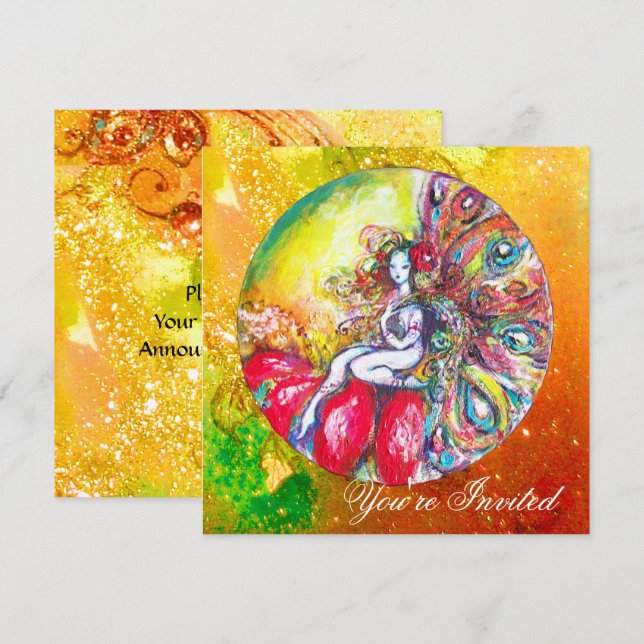 TITANIA  FLOWER FAIRY Gold Yellow Green Red Floral Invitation (Front/Back)