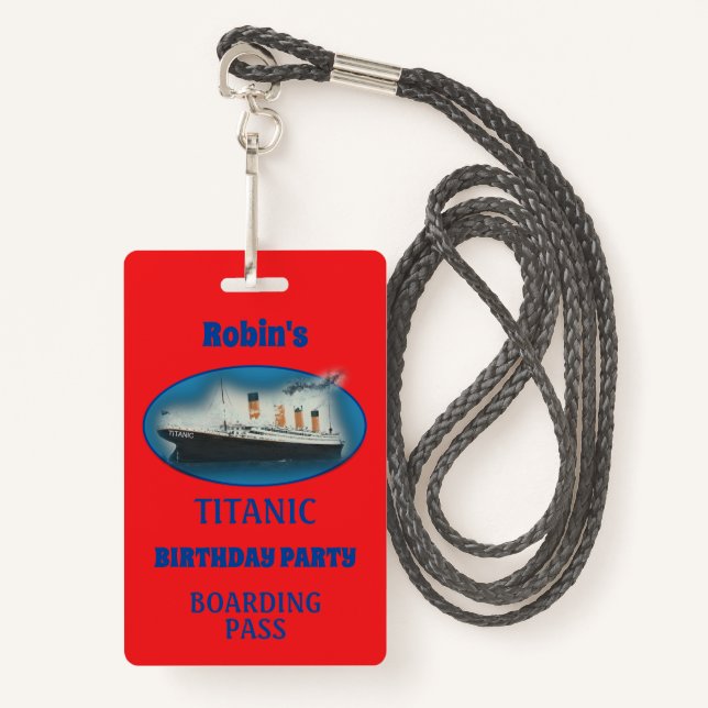 Titanic Birthday Invitation Red White Star Ship Badge (Front with Lanyard)