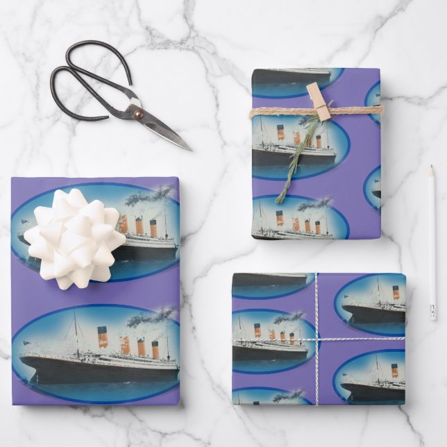 Titanic Birthday Purple White Star Line Ship Wrapping Paper Sheet (Front)
