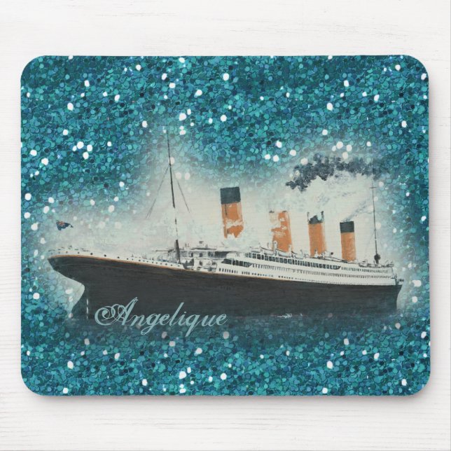 Titanic Ocean Liner Blue Glitter Glam Ombre Name Mouse Pad (Front)