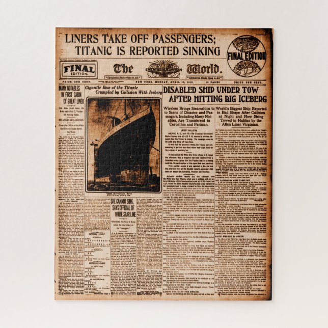 Titanic Reported Sinking World News 1912 Jigsaw Puzzle (Vertical)