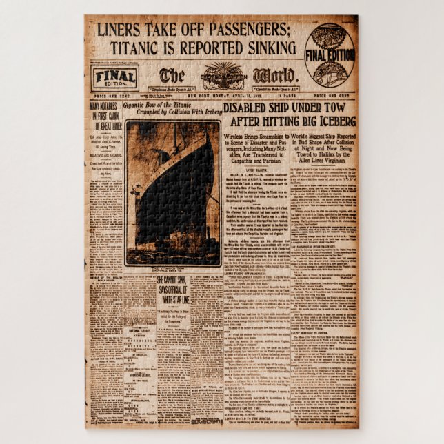 Titanic Reported Sinking World News 1912 Jigsaw Puzzle (Vertical)