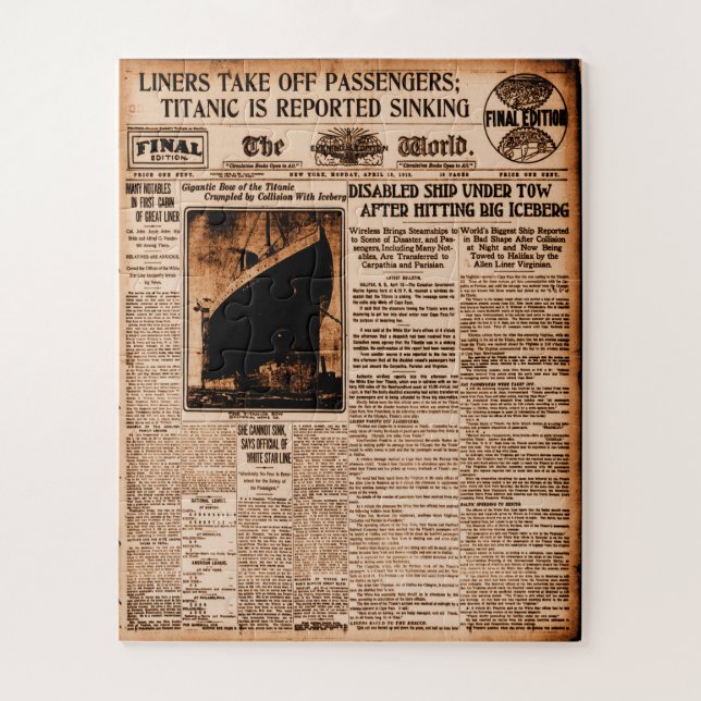 Titanic Reported Sinking World News 1912 Jigsaw Puzzle (Vertical)