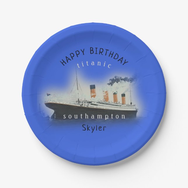 Titanic Ship Happy Birthday Name Marine Blue Paper Paper Plate (Front)